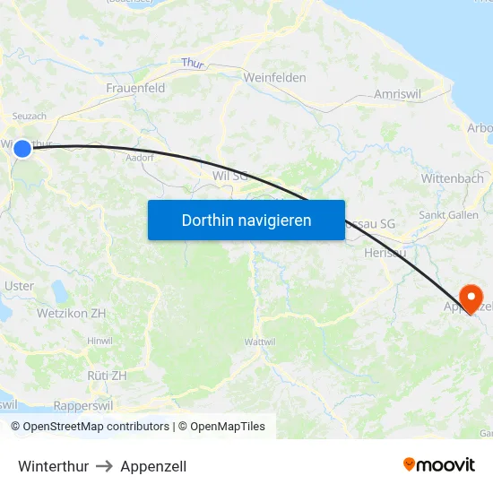 Winterthur to Appenzell map