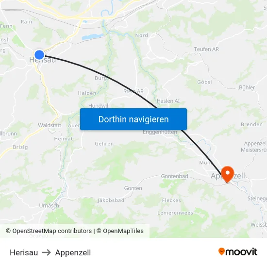 Herisau to Appenzell map