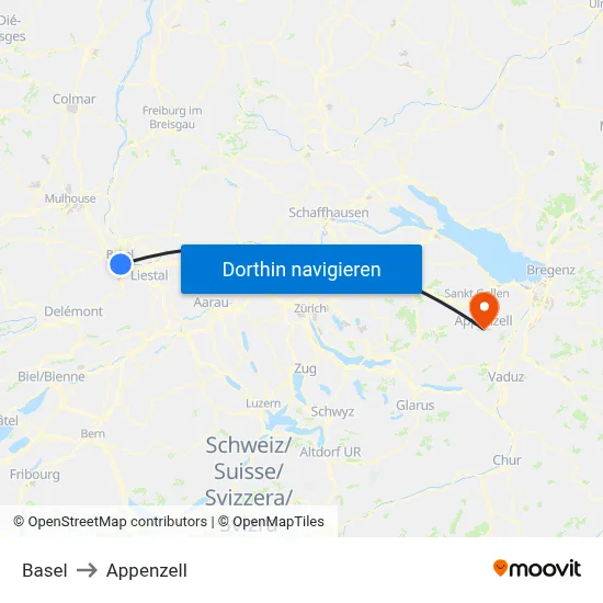 Basel to Appenzell map