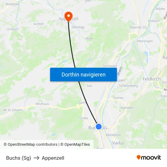 Buchs (Sg) to Appenzell map