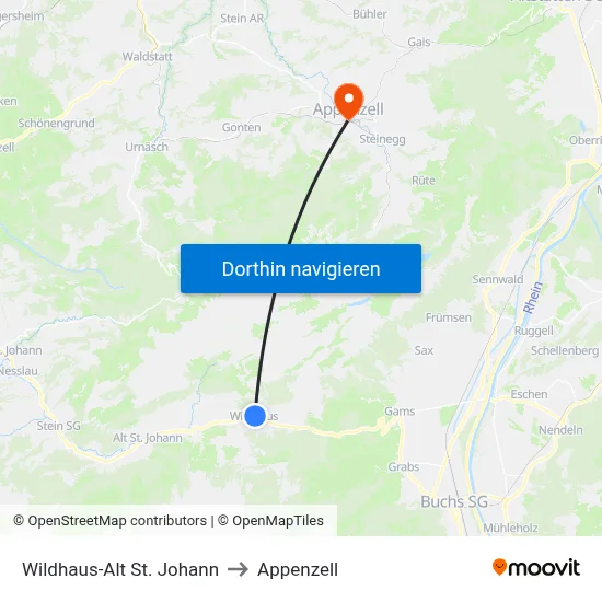 Wildhaus-Alt St. Johann to Appenzell map