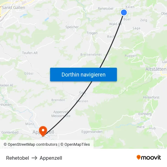 Rehetobel to Appenzell map