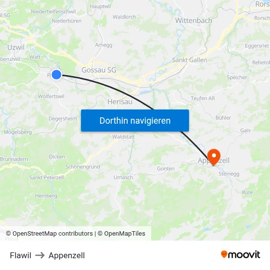 Flawil to Appenzell map