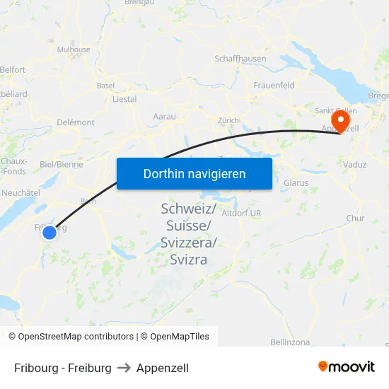 Fribourg - Freiburg to Appenzell map