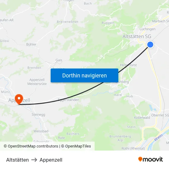 Altstätten to Appenzell map