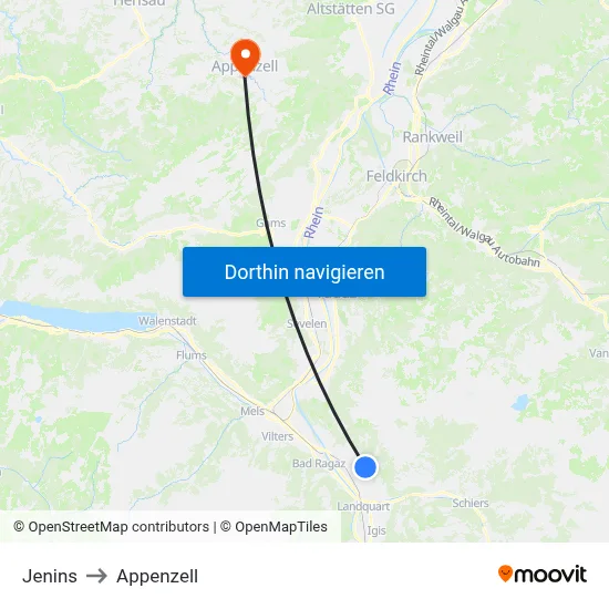 Jenins to Appenzell map
