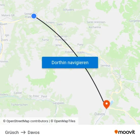 Grüsch to Davos map