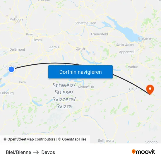 Biel/Bienne to Davos map