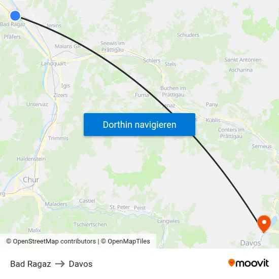 Bad Ragaz to Davos map