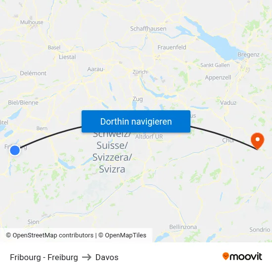 Fribourg - Freiburg to Davos map
