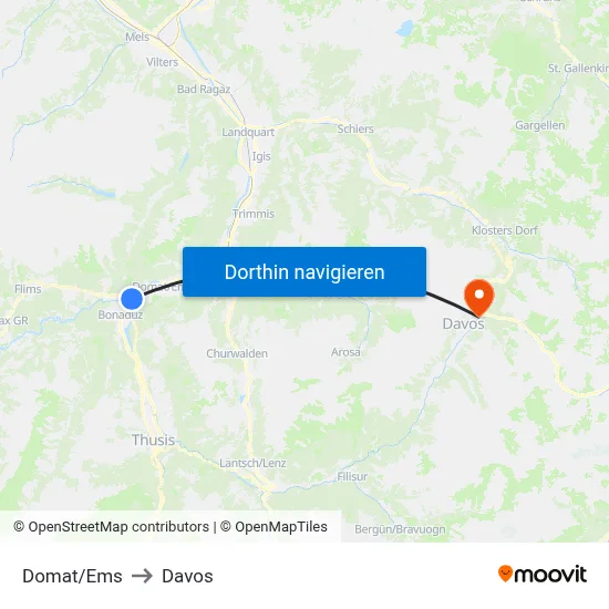 Domat/Ems to Davos map