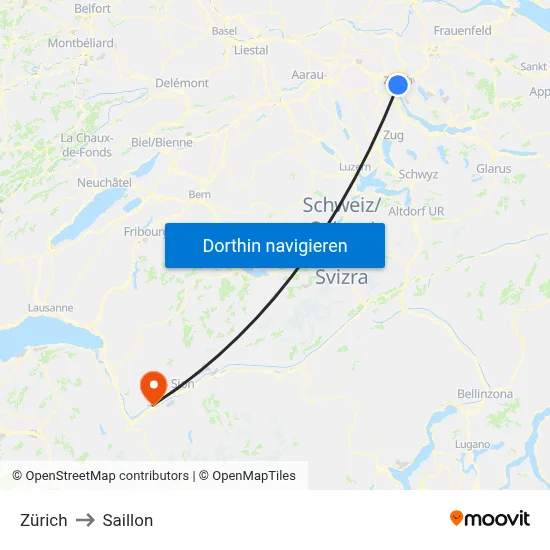 Zürich to Saillon map
