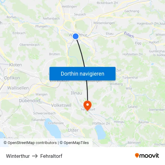 Winterthur to Fehraltorf map
