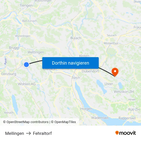 Mellingen to Fehraltorf map