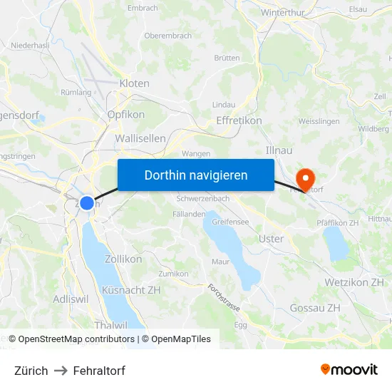 Zürich to Fehraltorf map