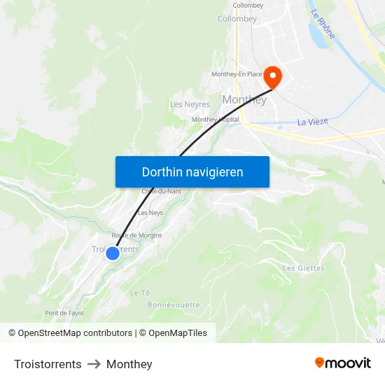 Troistorrents to Monthey map