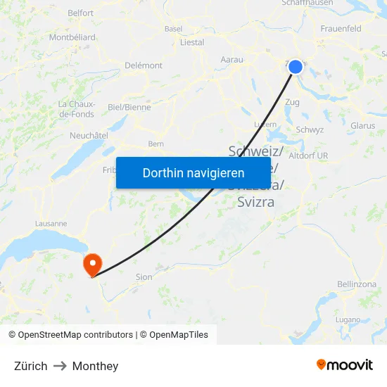 Zürich to Monthey map