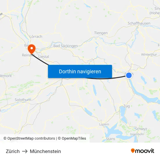 Zürich to Münchenstein map