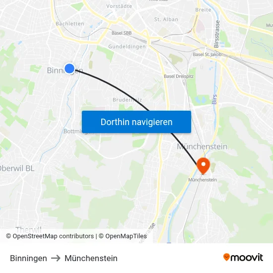 Binningen to Münchenstein map