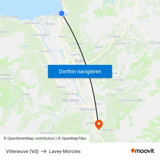 Villeneuve (Vd) to Lavey-Morcles map