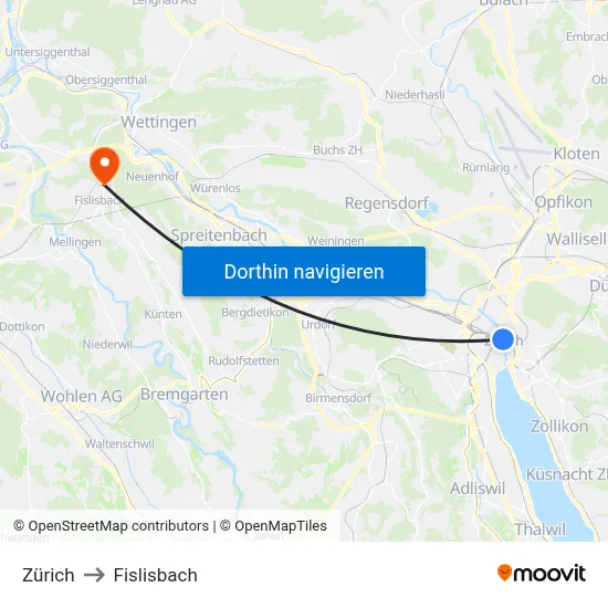 Zürich to Fislisbach map