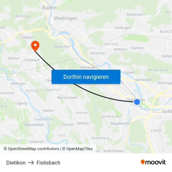 Dietikon to Fislisbach map