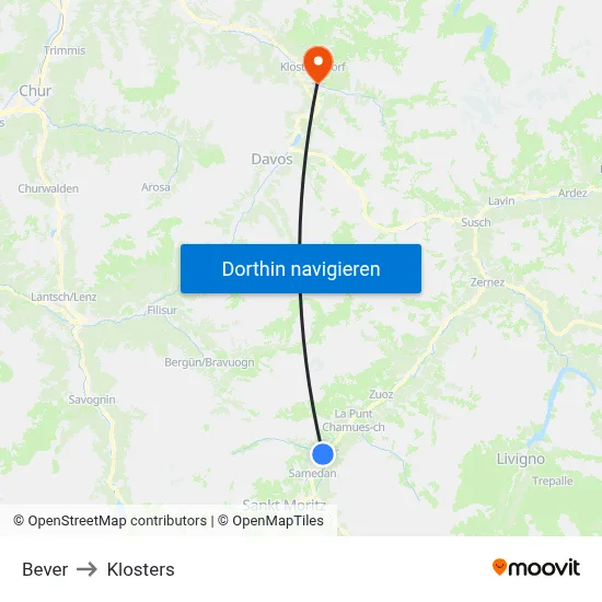 Bever to Klosters map