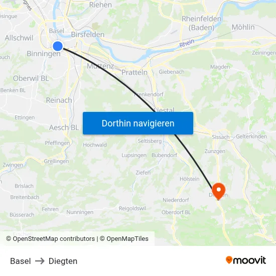 Basel to Diegten map