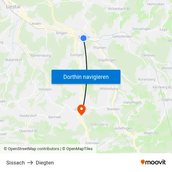 Sissach to Diegten map