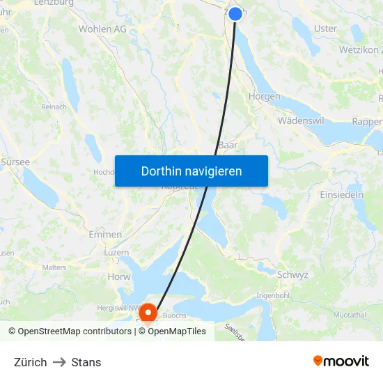 Zürich to Stans map