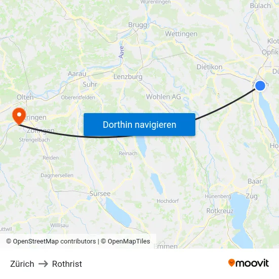 Zürich to Rothrist map
