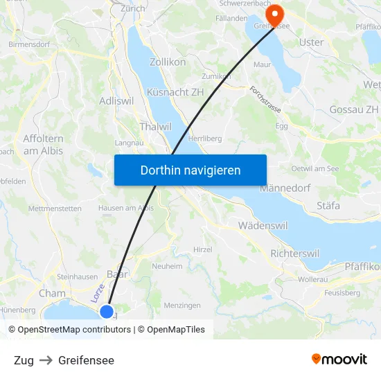 Zug to Greifensee map
