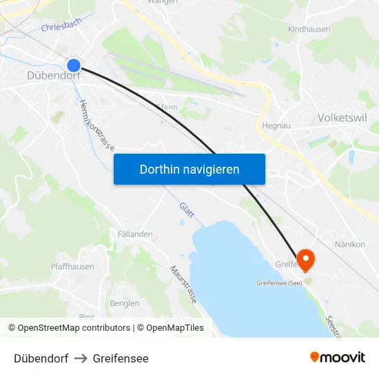 Dübendorf to Greifensee map