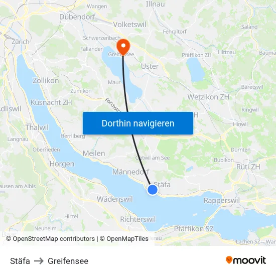 Stäfa to Greifensee map