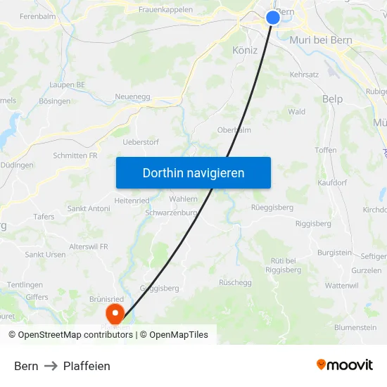 Bern to Plaffeien map