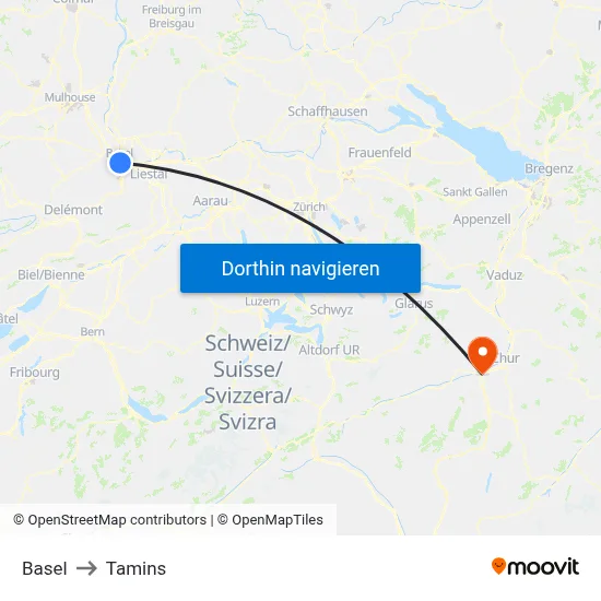 Basel to Tamins map