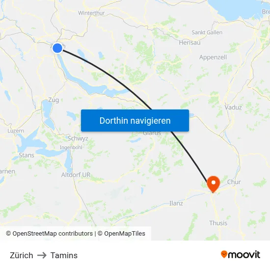 Zürich to Tamins map