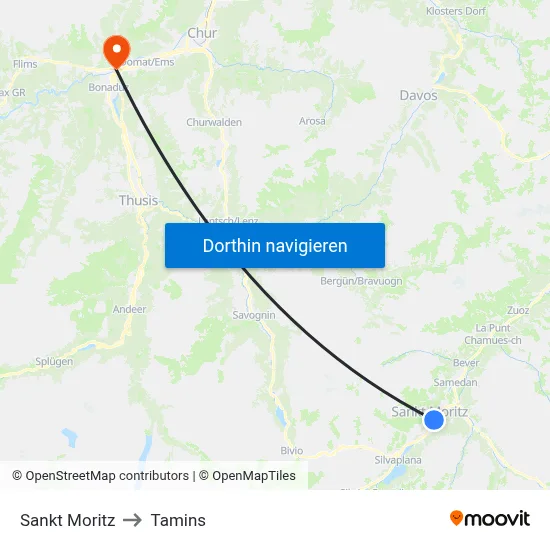 Sankt Moritz to Tamins map