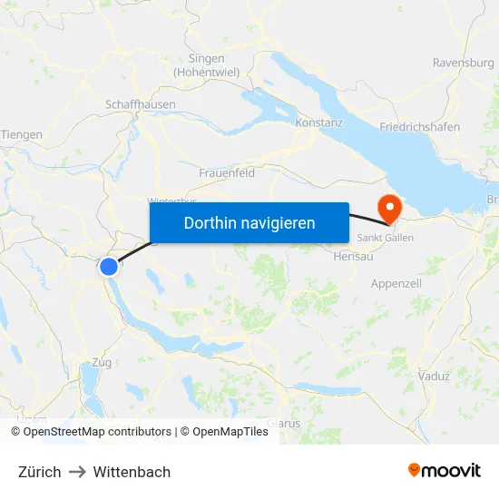 Zürich to Wittenbach map