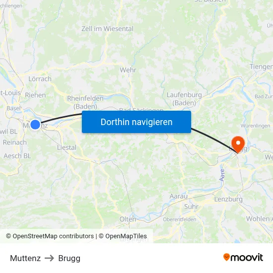 Muttenz to Brugg map