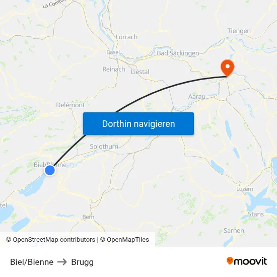 Biel/Bienne to Brugg map