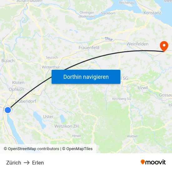 Zürich to Erlen map