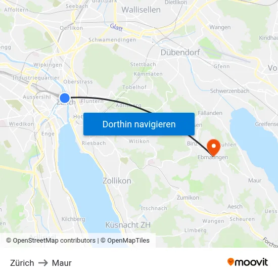 Zürich to Maur map
