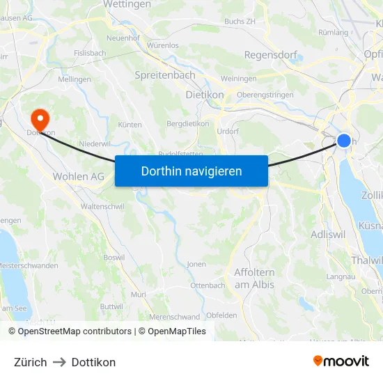 Zürich to Dottikon map