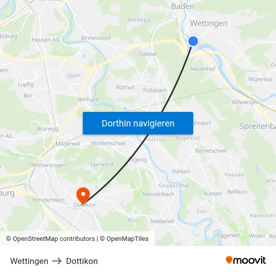 Wettingen to Dottikon map