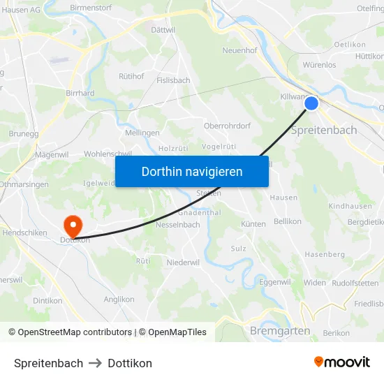 Spreitenbach to Dottikon map