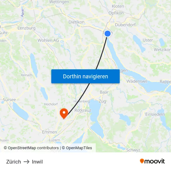 Zürich to Inwil map