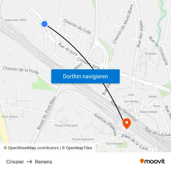 Crissier to Renens map