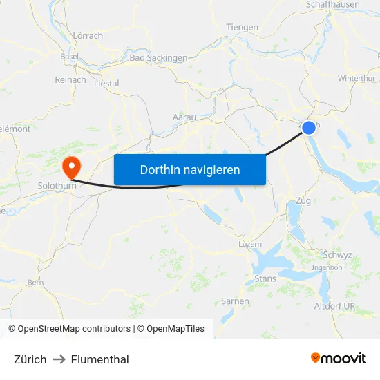 Zürich to Flumenthal map