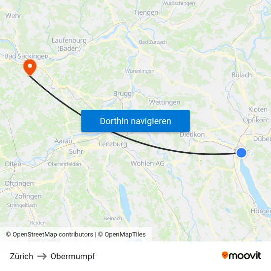 Zürich to Obermumpf map